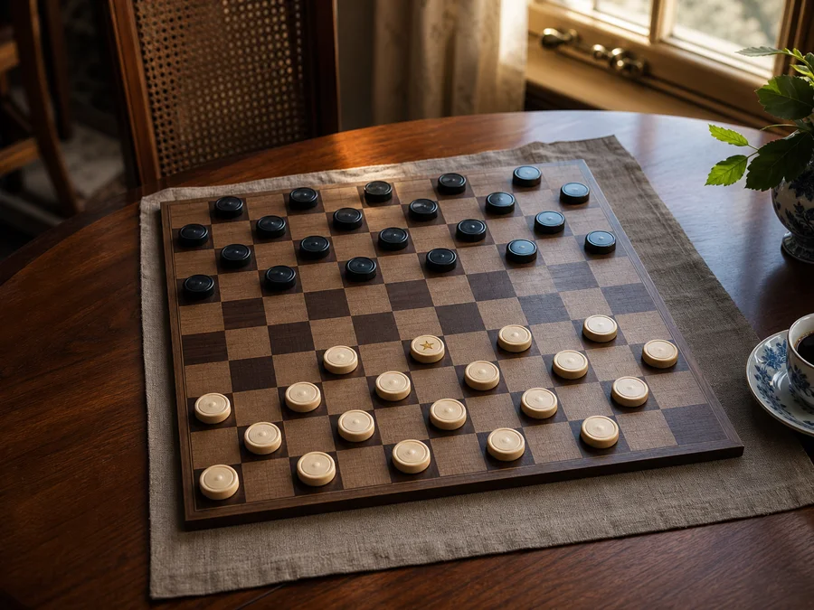 A 10×10 international draughts opening with twenty men per side on the nearest four dark rows