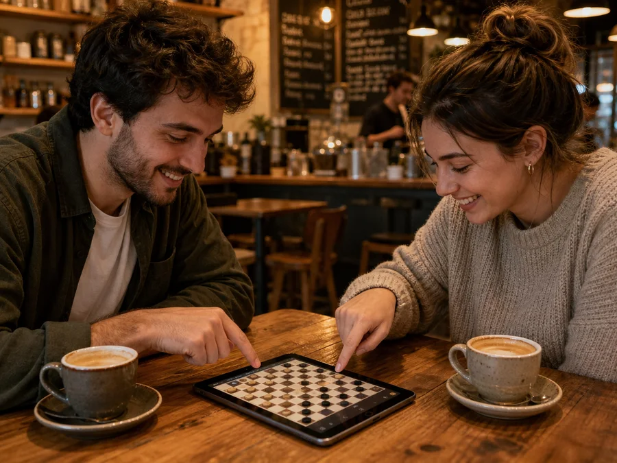 Two players sharing one device for a face-to-face international draughts game