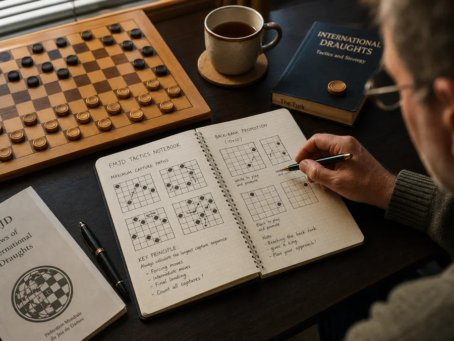A finished same-screen international draughts game being reviewed from the move list