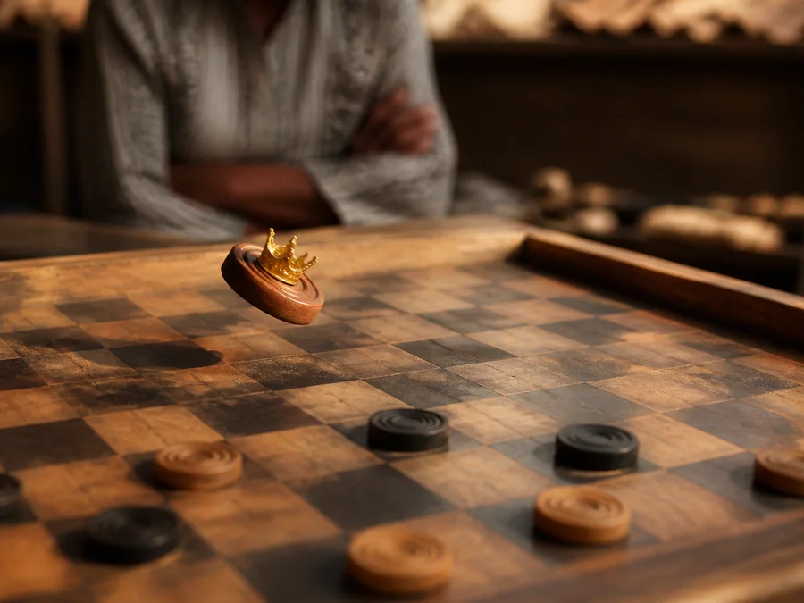 An international draughts man capturing backward and continuing a jump