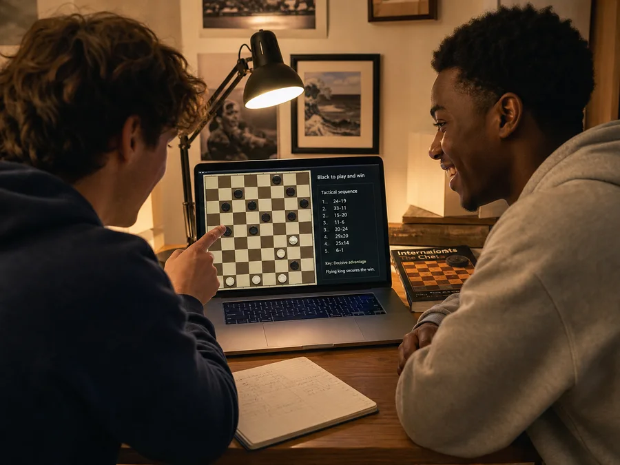 Two players switching who sits Black in a same-screen international draughts game